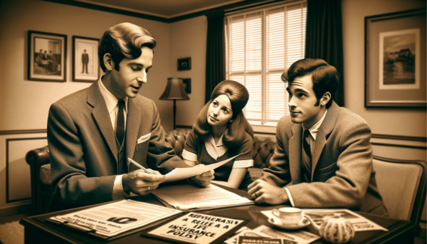 Create a horizontal, sepia-toned image mimicking a 1960s photograph, featuring a man resembling Ben Feldman advising a young married couple, presumably selling them a life insurance policy. The setting should reflect a vintage office or home environment, typical of the 1960s, exuding an air of professionalism and trust. The man, embodying the essence of a skilled salesman, is engaging the couple with documents and brochures in hand. The couple appears interested and attentive. Include the URL 'https://tecnicasdeventa.es/' subtly integrated into the scene, maintaining the period-appropriate aesthetic.