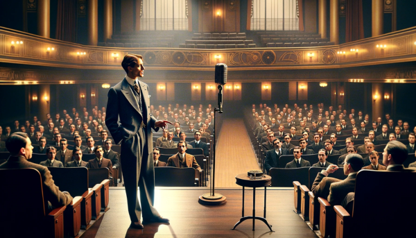 Un caballero que recuerda a Dale Carnegie, tal como lo imaginamos en los años veinte, pronuncia una conferencia en un auditorio. El escenario es una gran sala con filas de sillas de madera, un gran escenario con un micrófono antiguo y elementos de diseño art déco. El hombre viste un traje al estilo de los años veinte, de pie y con una presencia imponente, gesticulando mientras habla. El público escucha atentamente y el ambiente es de compromiso intelectual y elegancia de época.