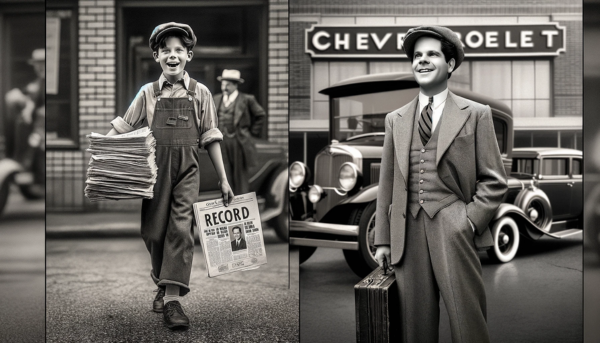 Imagen horizontal dividida en dos escenas diferentes. A la izquierda, un niño de 10 años del Detroit de los años treinta, vestido con ropa de la época, vende periódicos en la calle. Lleva una pila de periódicos bajo el brazo y grita los titulares del día a los transeúntes, captando el ajetreo y la energía de la época. A la derecha, un hombre que recuerda a Joe Girard frente a un concesionario de automóviles Chevrolet, también en el Detroit de los años treinta. Sonríe con confianza y sostiene un premio récord por sus ventas de coches, reflejo de su importante logro. Ambas escenas son en blanco y negro, con el estilo de las fotografías antiguas de la época.