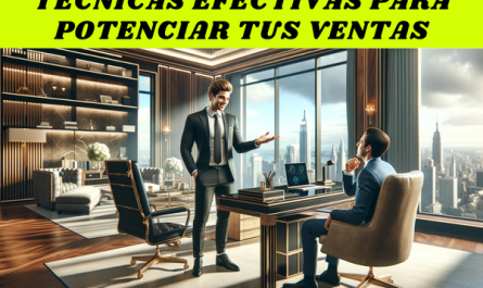 Una imagen horizontal hiperrealista que muestra a un atractivo y apuesto joven vendedor cerrando con éxito un trato en el sofisticado despacho de un posible cliente director general. La oficina está elegantemente diseñada, con un gran escritorio, asientos de lujo y un impresionante paisaje urbano visible a través de amplias ventanas. El vendedor, que rebosa confianza y encanto, presenta una propuesta, mientras que el director general parece totalmente convencido e interesado. El entorno rezuma lujo y elegancia de alta tecnología, simbolizando prosperidad y visión para los negocios. https://tecnicasdeventa.es/